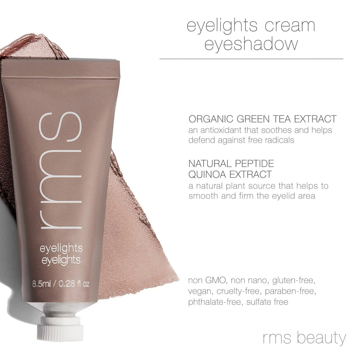RMS Beauty Eyelights Cream Eyeshadow in Flare, smooth eye shadow with a radiant finish, applied on eyelids.