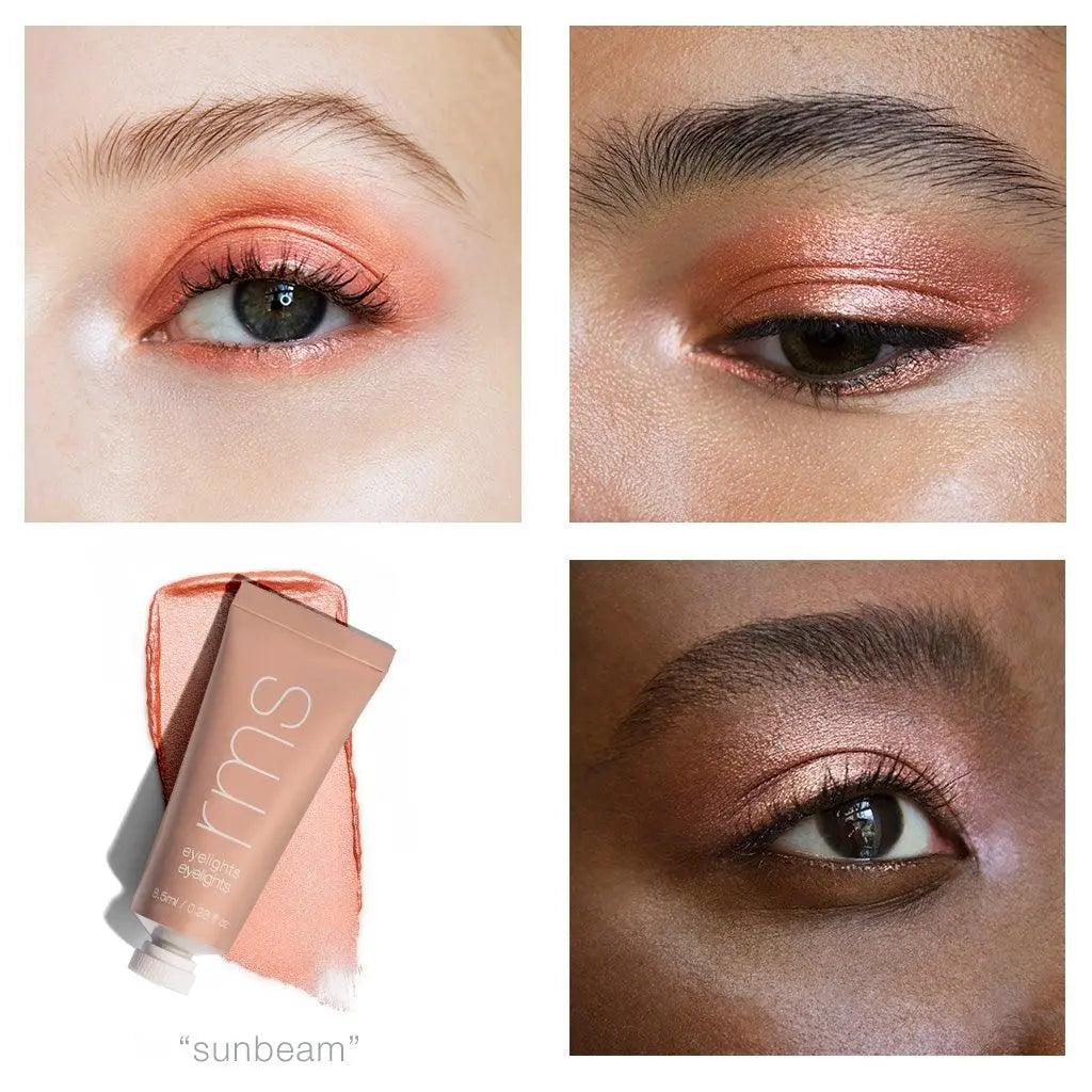 RMS Beauty Eyelights Cream Eyeshadow in Flare, smooth cream eye shadow with a radiant finish, applied on eyelids.