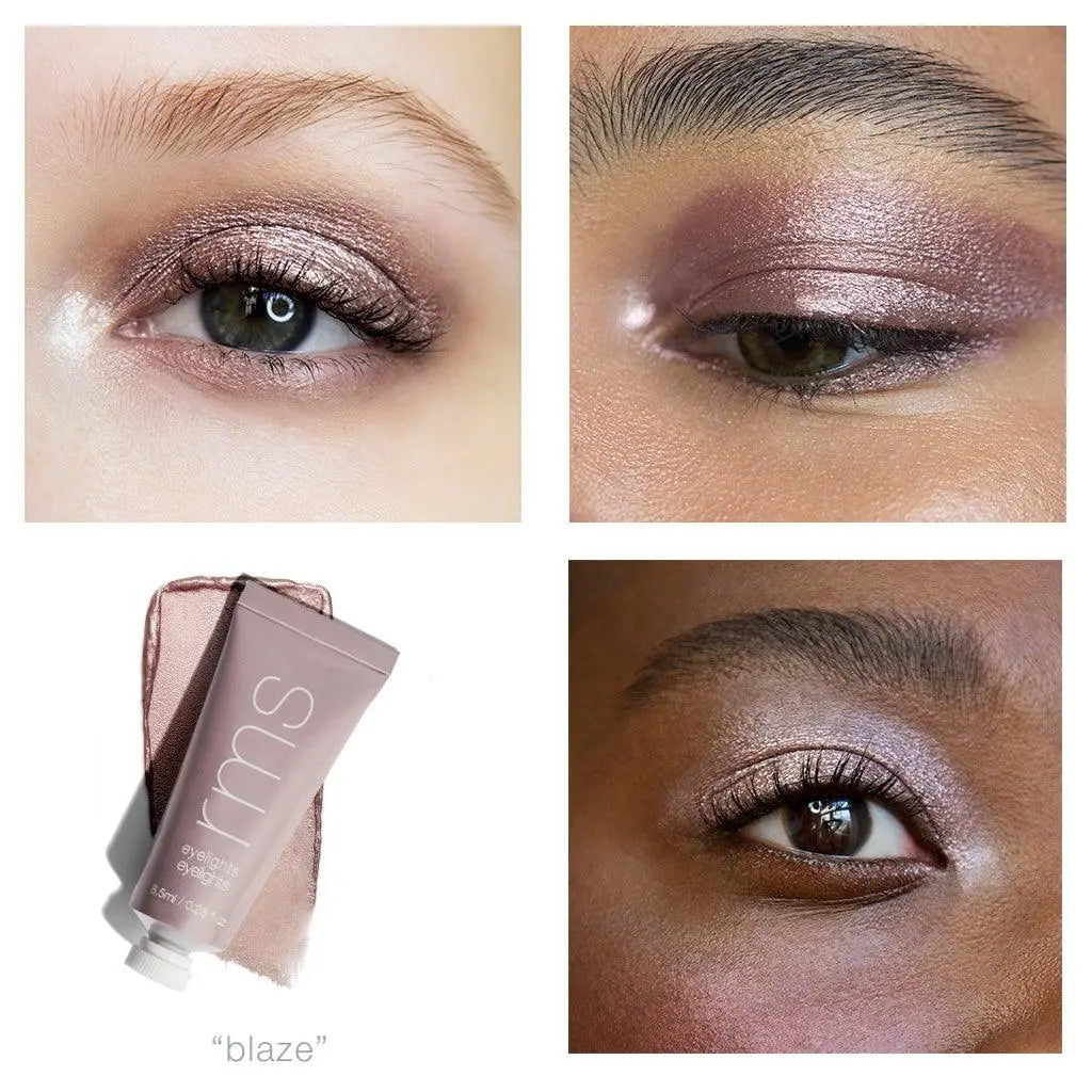 RMS Beauty Eyelights Cream Eyeshadow in Flare, close-up of smooth, shimmery eye shadow applied on eyelids.